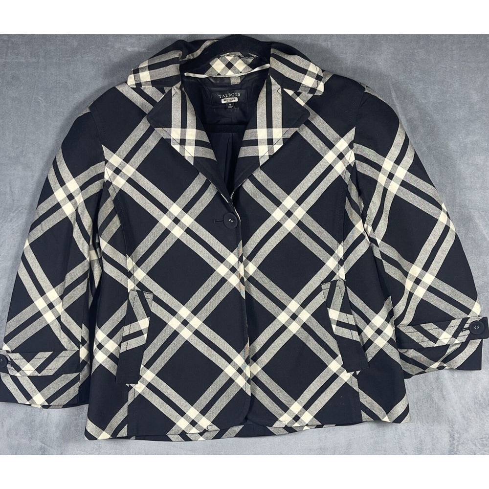 Talbot's Women’s Plaid Black White Blazer 3/4 Sleeves Size 8‎